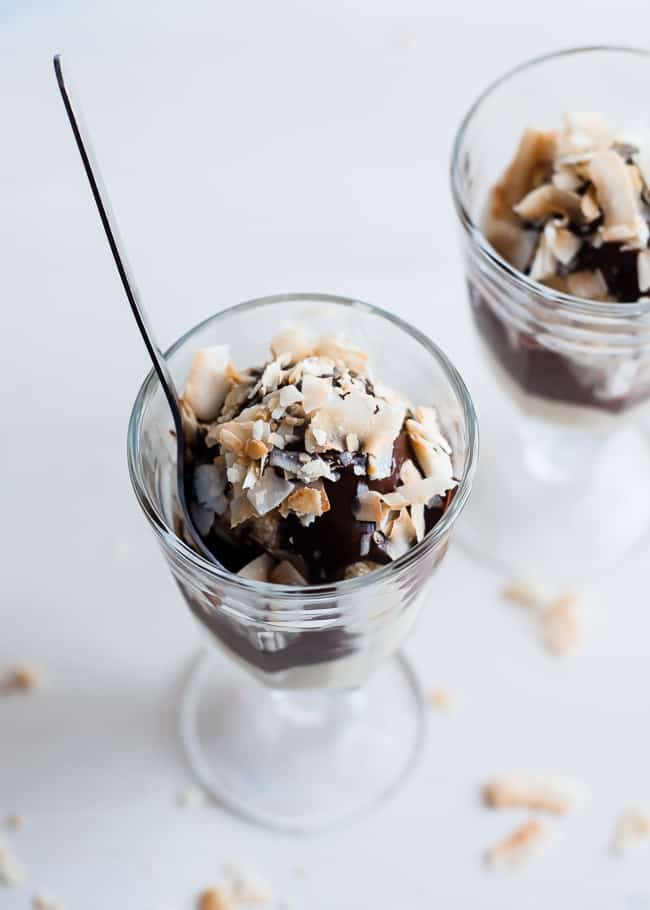 Salted Caramel Coconut Ice Cream Sundae with Chocolate Sauce