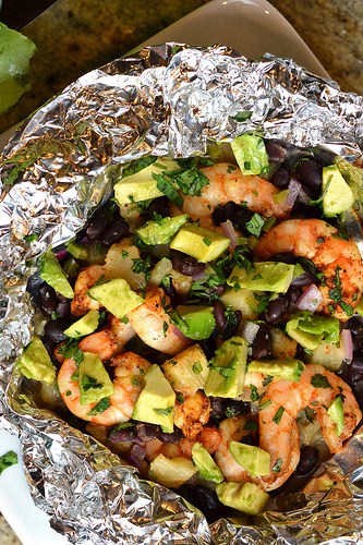 Shrimp, Black Bean and Pineapple Foil Packets