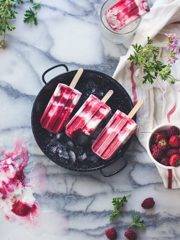 Tayberry, rose geranium and buttermilk popsicles