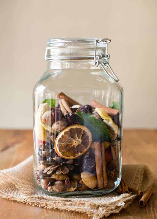 Jar of Fall potpourri that makes your house smell like fall.