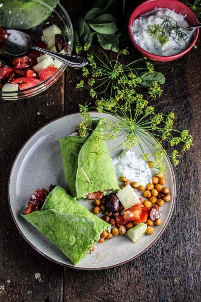 Chickpea Greek Salad + Homemade Spinach Wraps