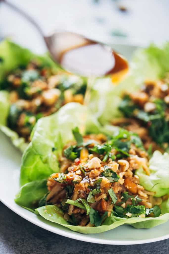 PEANUT CHICKEN LETTUCE WRAPS WITH GINGER GARLIC SAUCE