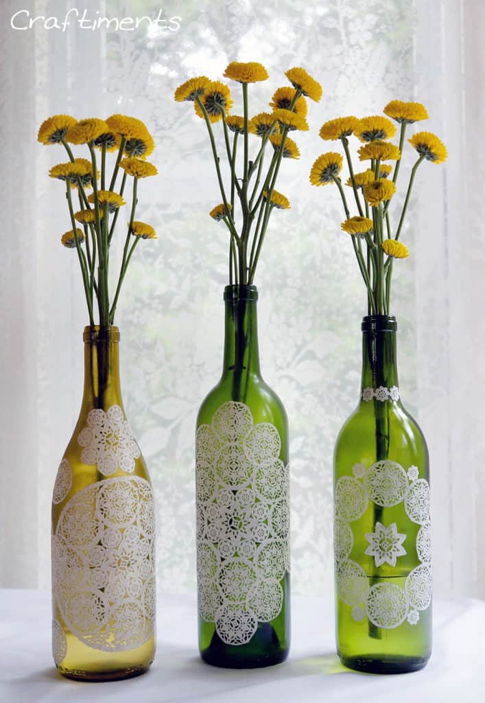 Paper doily decoupage bottle by Craftiments