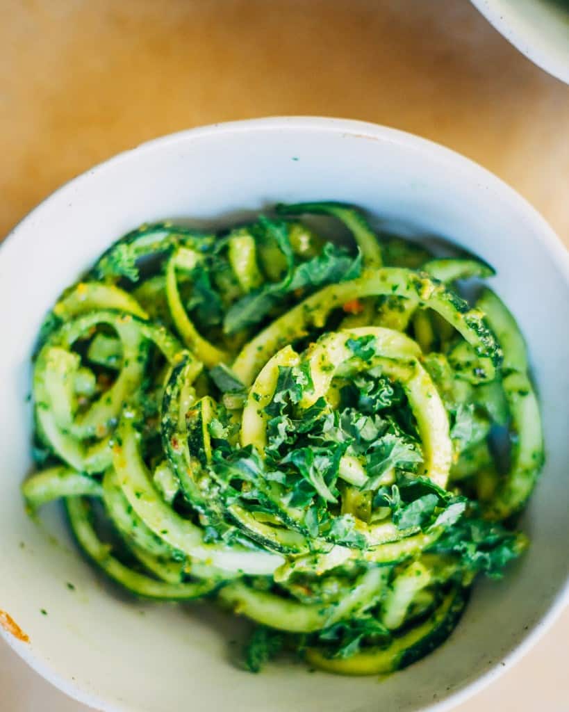 Zucchini noodles with simple basil pesto by Well and Full