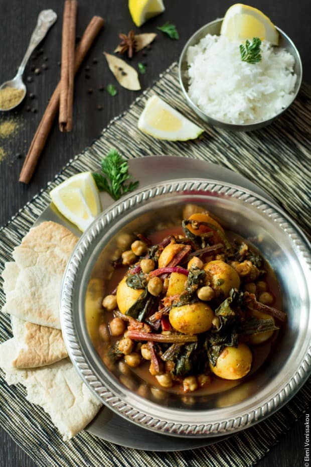 Potato Chickpea Beet Greens Curry