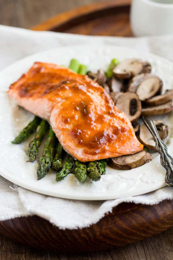 Spicy Apricot Salmon with Roasted Asparagus and Mushrooms by Sweet and Savory by Shinee