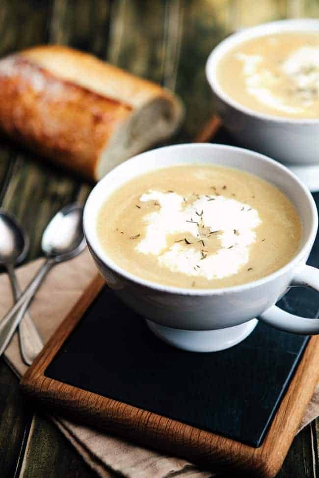 caramelized onion + parsnip soup with chickpeas