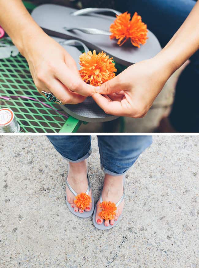 DIY raffia pom poms for flip flops and 