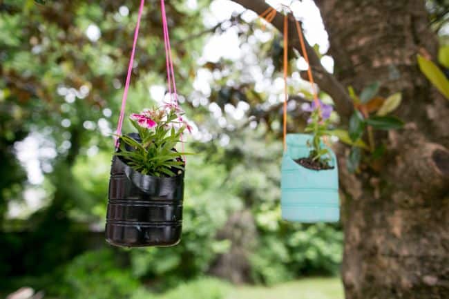 Recycled bottle hanging planters