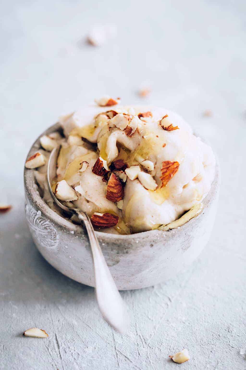 Banana ice cream with sweet & salty almonds