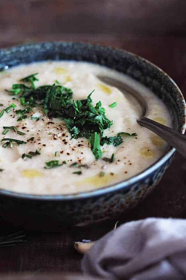 Creamy Vegan Cauliflower Soup with Garlic + Rosemary