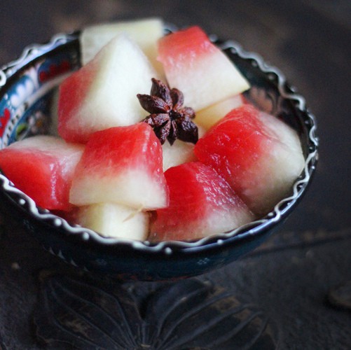 Easy pickled watermelon rind by Hotly Spiced
