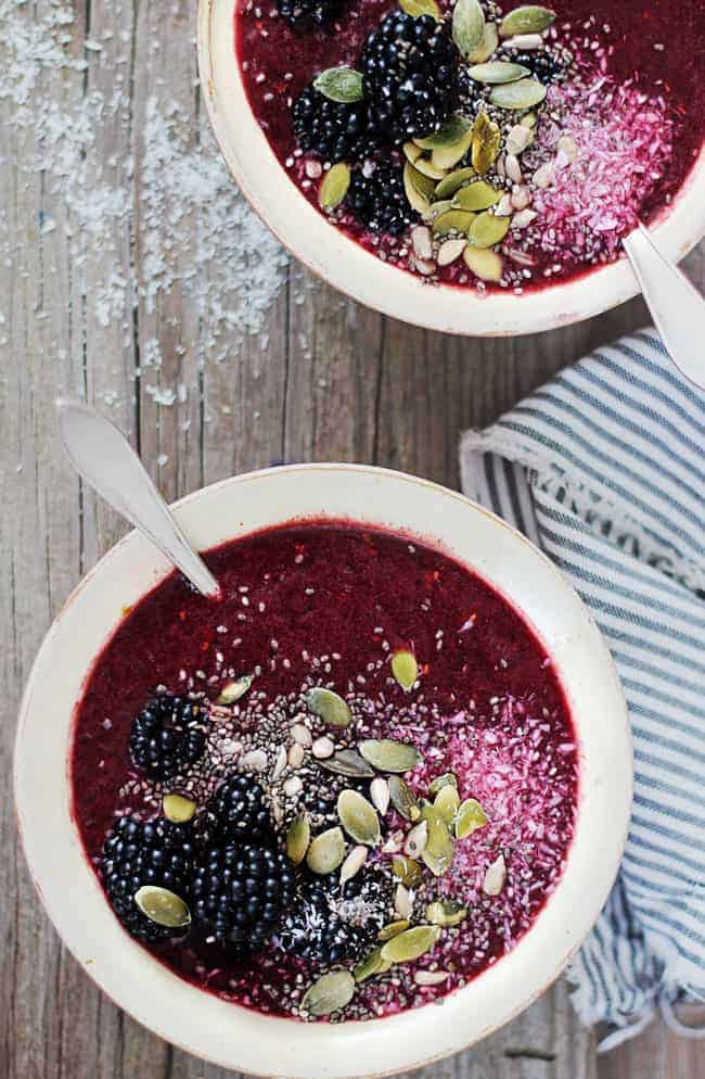 Blackberry Coconut Healthy Breakfast Smoothie Bowl by Hello Glow
