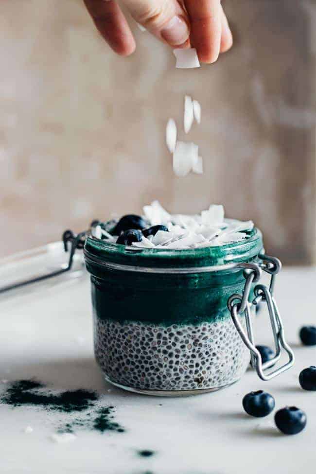 Layered Coconut Chia Pudding with Spirulina