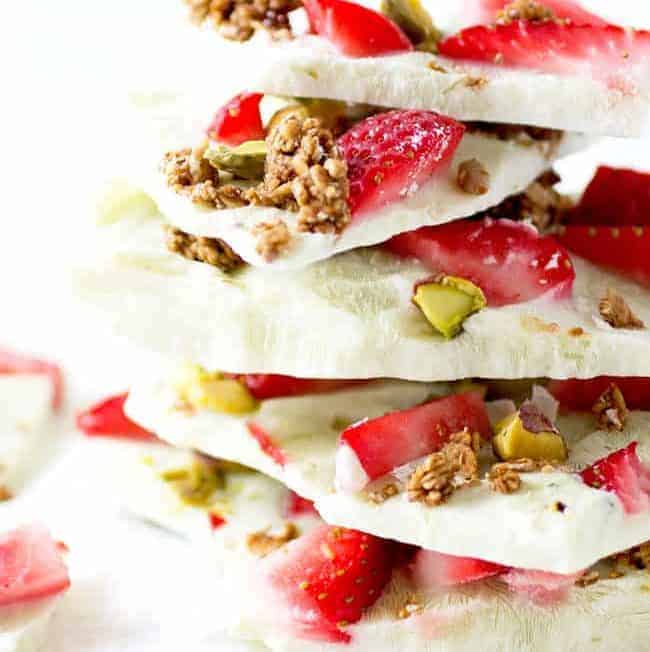 Strawberry, Pistachio + Granola Yogurt Bark