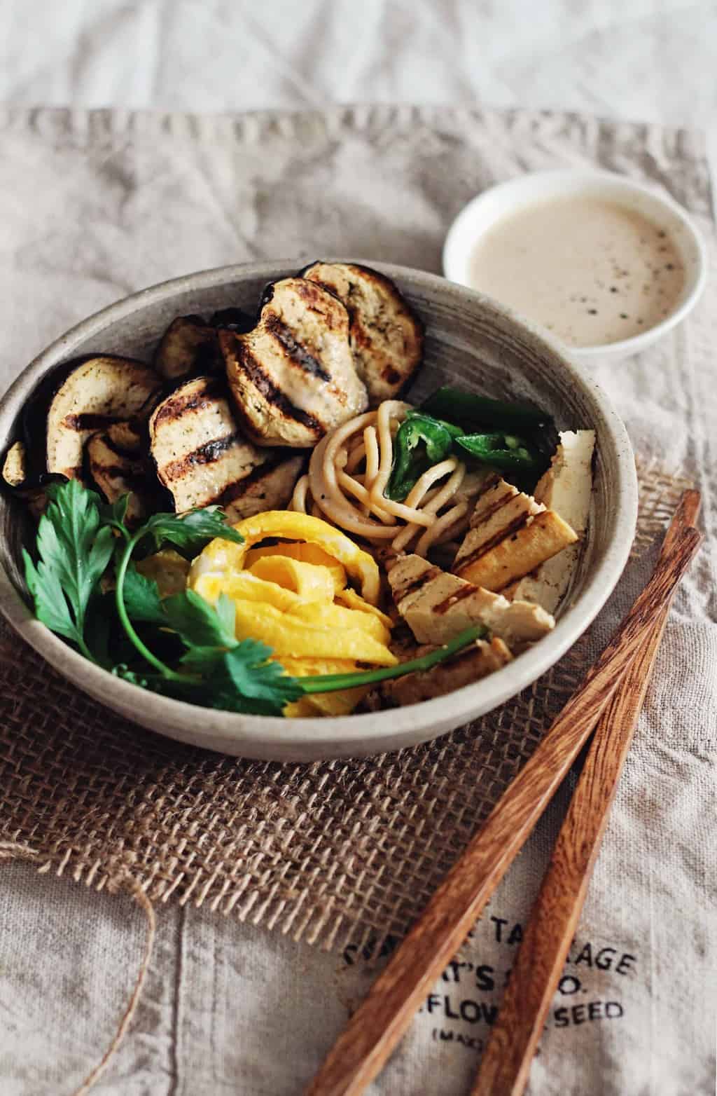 Soba Protein Bowl with Grilled Eggplant, Tofu & Spicy Almond Butter Sauce