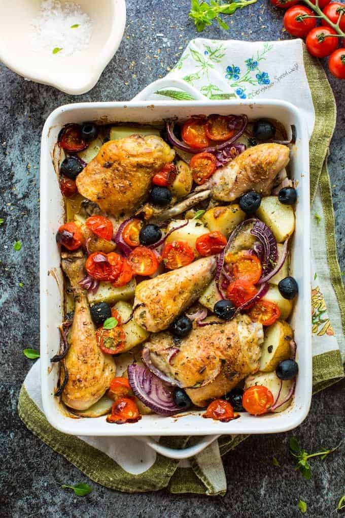 One-Pan Greek Chicken & Roasted Veggies from A Saucy Kitchen