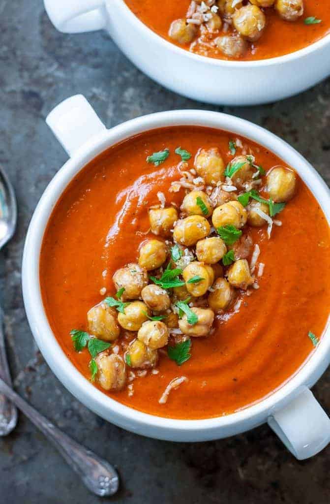 Instant Pot Creamy Tomato Soup with Crispy Parmesan Chickpeas from Peas and Crayons