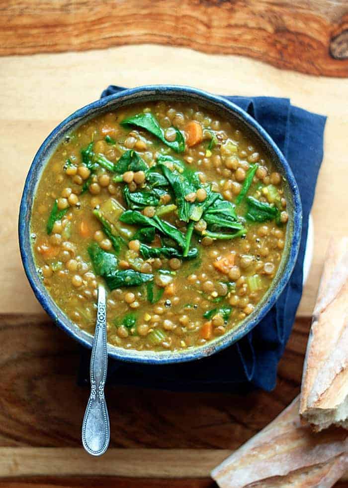 Instant Pot Golden Lentil & Spinach Soup from Kitchen Treaty