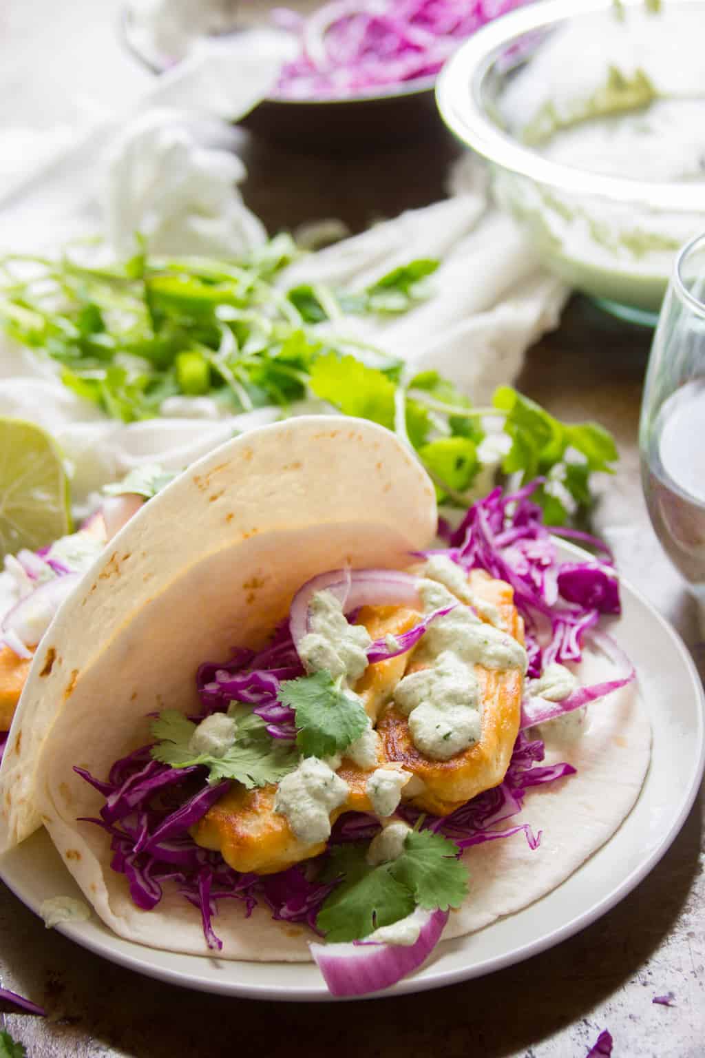 Crispy Beer Battered Tofu Tacos with Vegan Baja Sauce