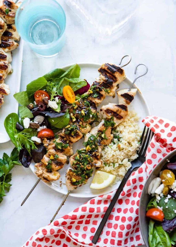 Grilled Chicken Kebabs with Pistachio Gremolata | Hello Glow