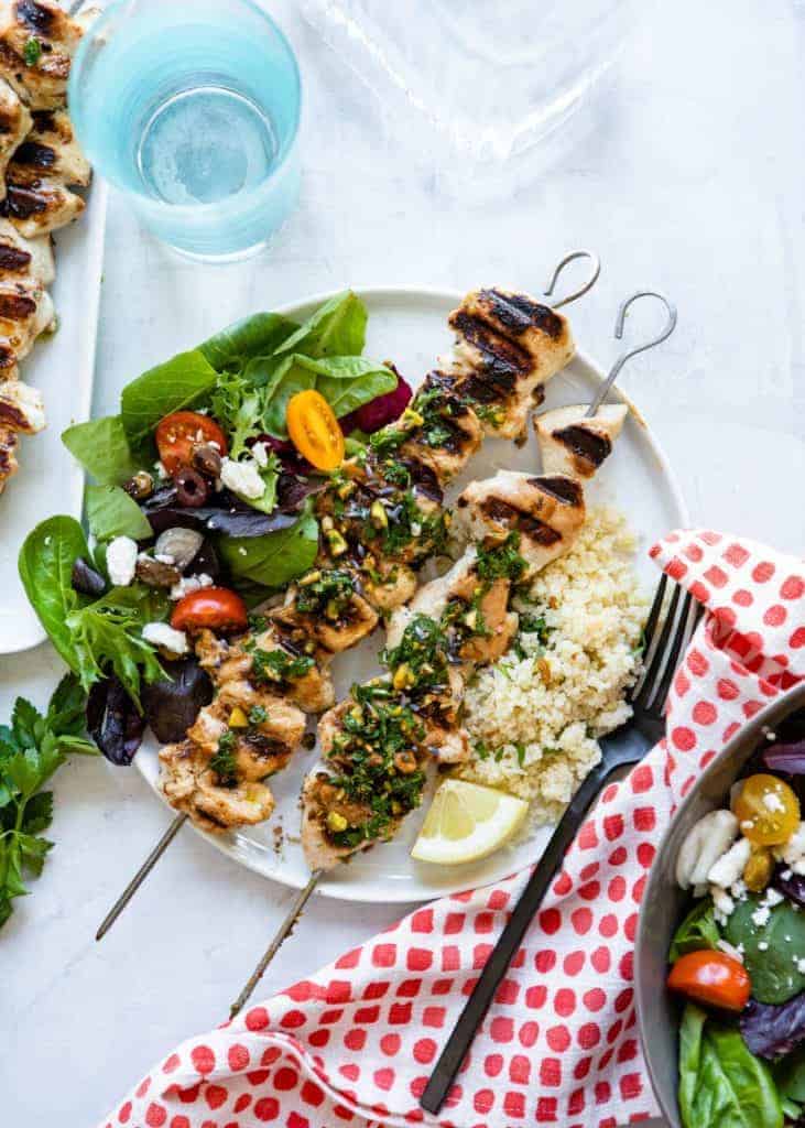 Chicken Kebabs with Pistachio Gremolata | HelloGlow.co