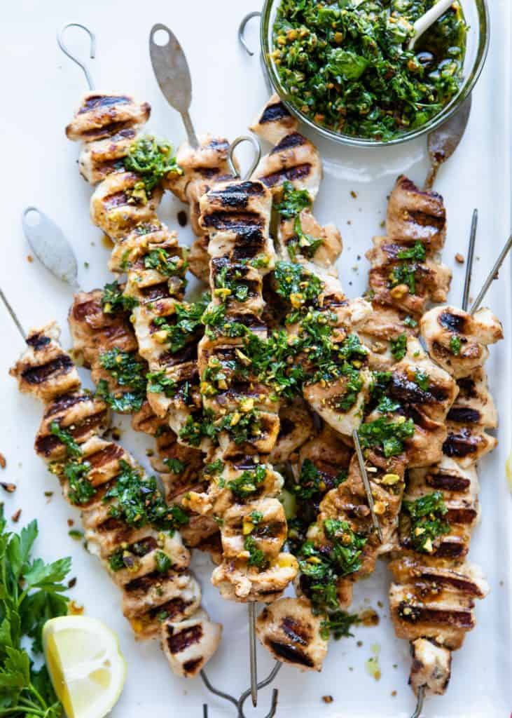 Chicken Kebabs with Pistachio Gremolata | HelloGlow.co