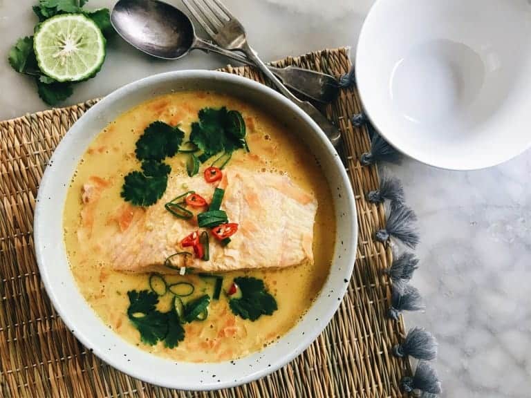 Fragrant Coconut Poached Salmon with Red Lentils from The Healthy Hunter