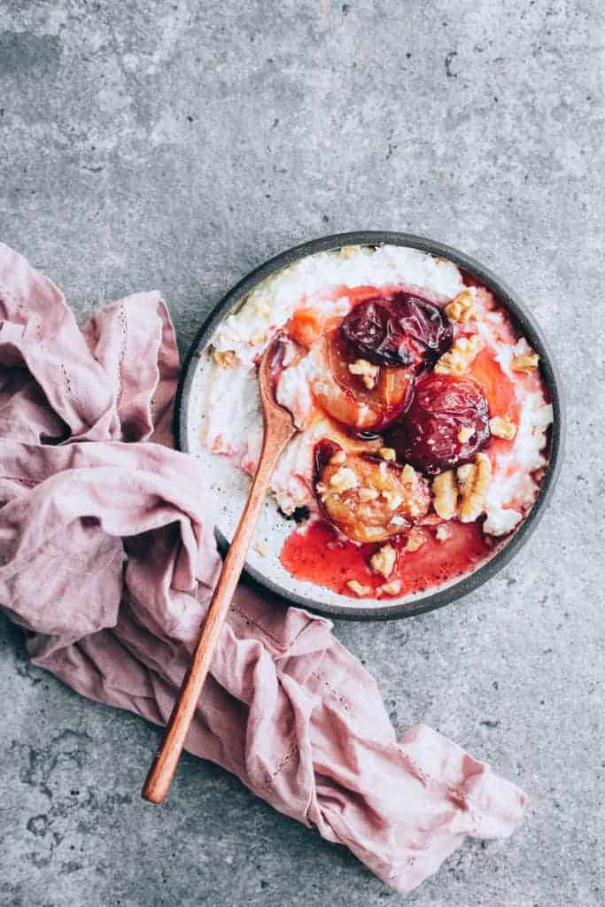 Ricotta and Honey Roasted Plum Bowls with Crunchy Buckwheat from Buddha Bowls