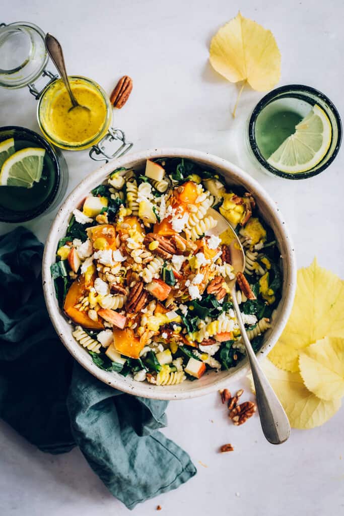 Autumn Pasta Salad with Roasted Squash, Kale and Feta Cheese