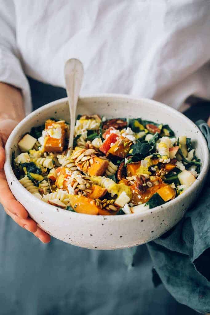 Autumn Pasta Salad with Roasted Squash, Kale and Feta Cheese