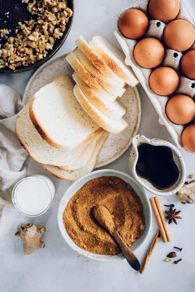 Ingredients for Gingerbread Pecan Make Ahead French Toast