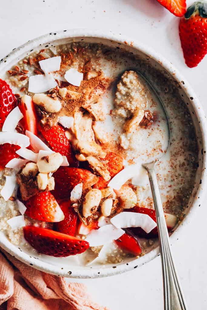 Plant-Based Quinoa Beauty Bowl with Honey Almond Toffee and Strawberries