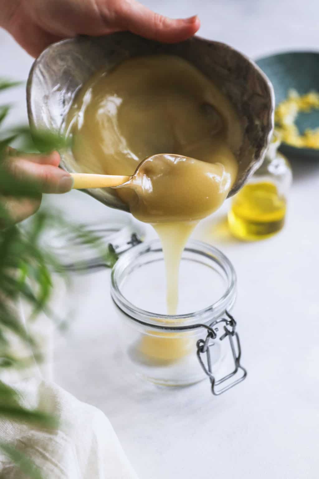Pour balm into a container and let it harden before using