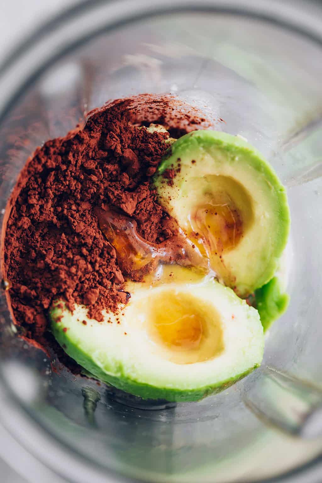 Blending avocado and cocoa for Healthy Vegan Chocolate Mousse