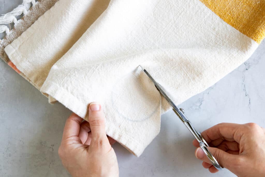 Cutting resuable cotton rounds from dish towels