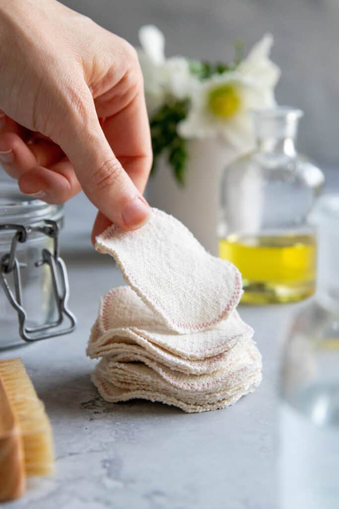 Say goodbye to single-use cotton products and make these reusable cotton rounds from old cotton dish towels in a matter of minutes.