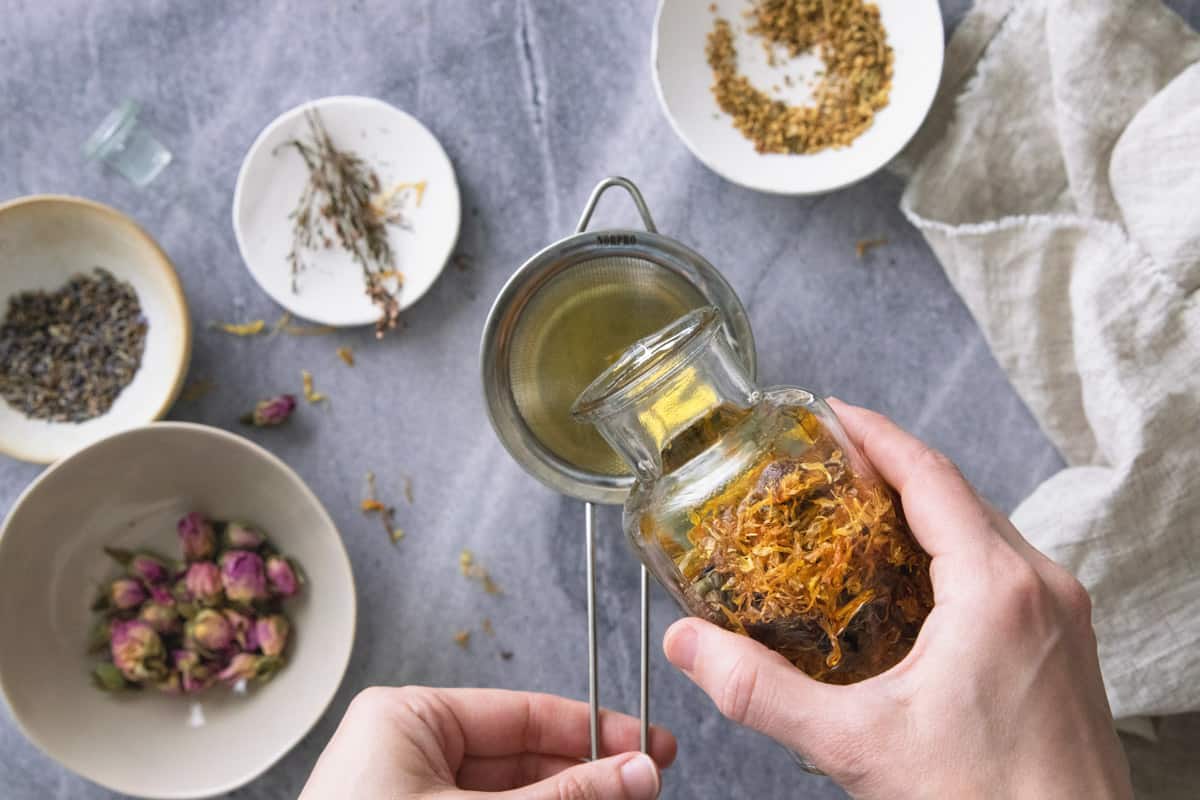 Straining infused oil for herbal salves