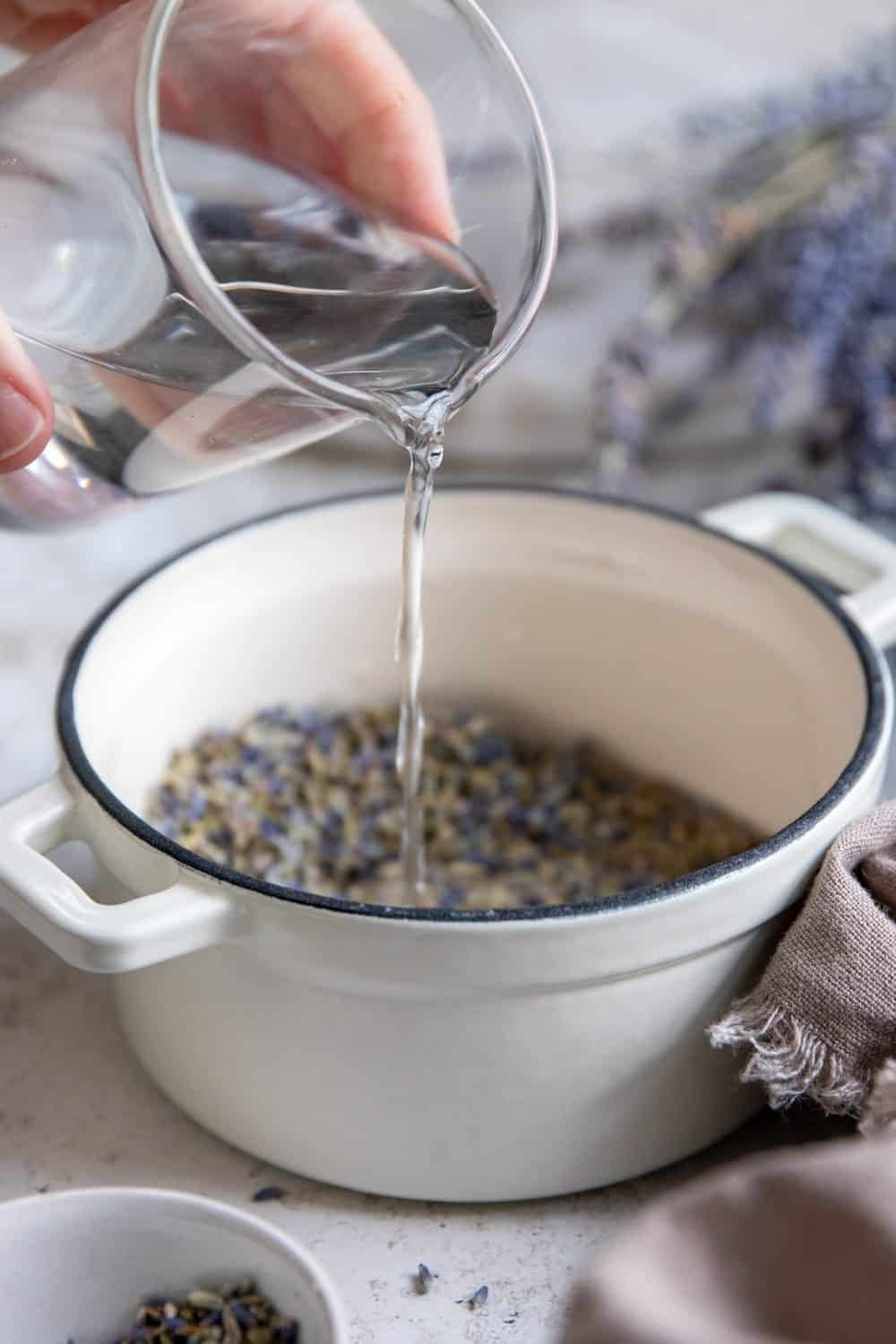 Combine the flowers and water in a pot to make your own lavender water hydrosol