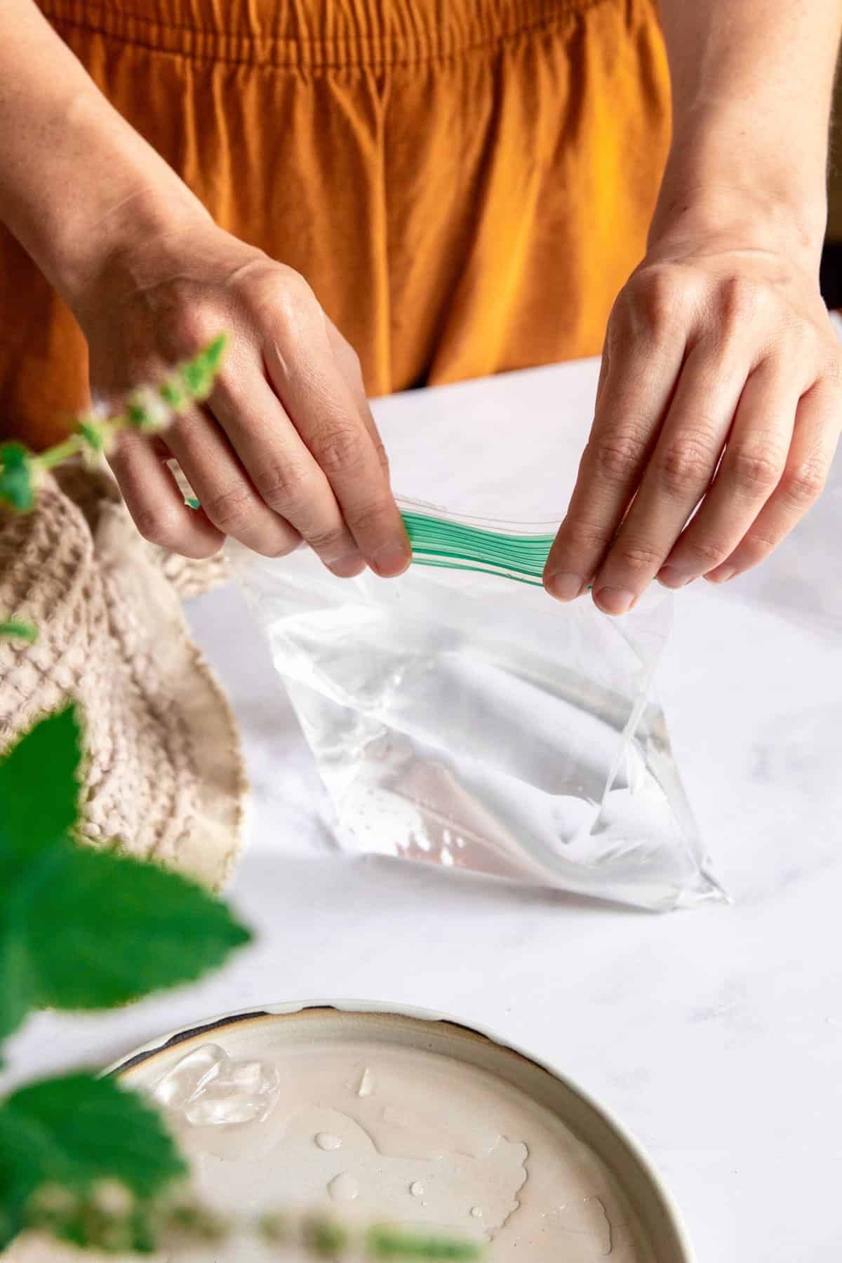 Seal the DIY ice pack and check for leaks before freezing