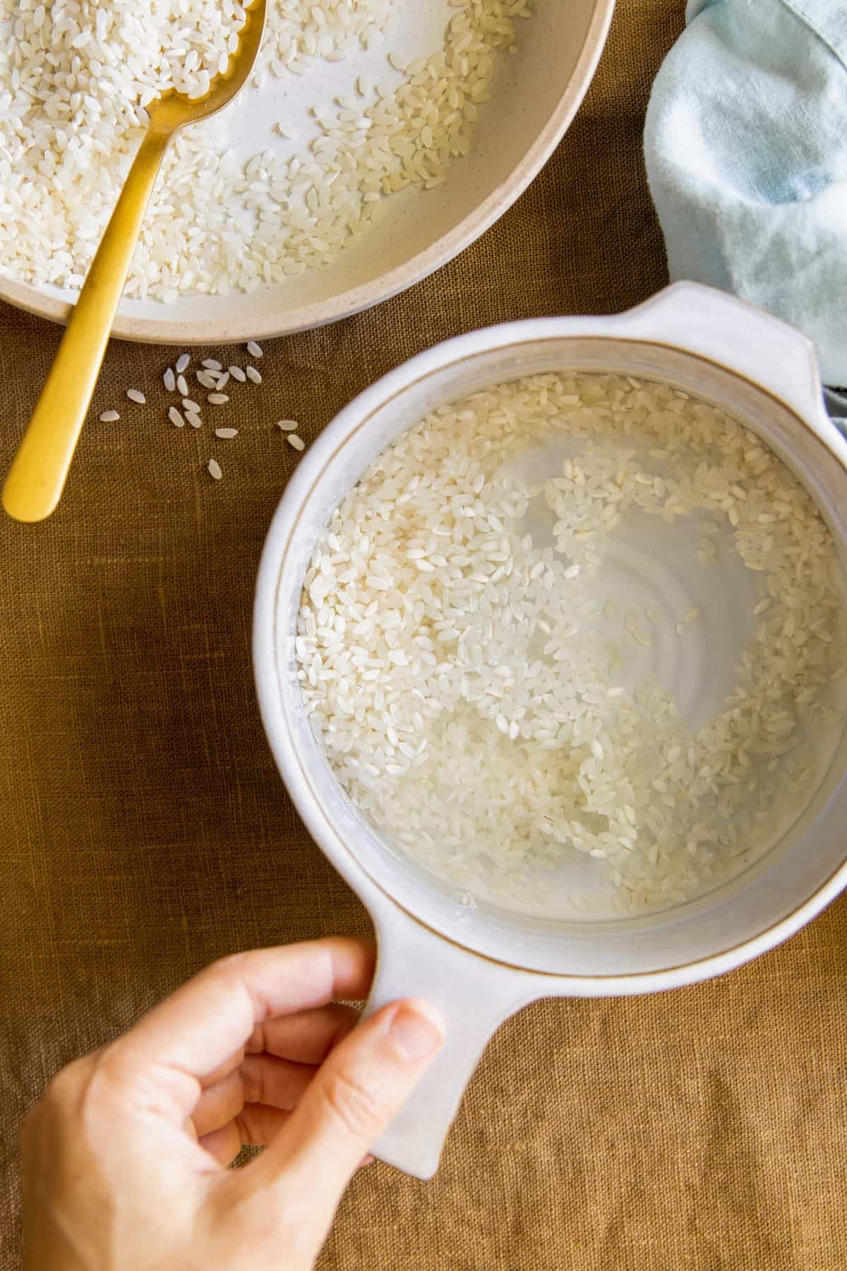 Soaking rice in water for DIY rice water toner