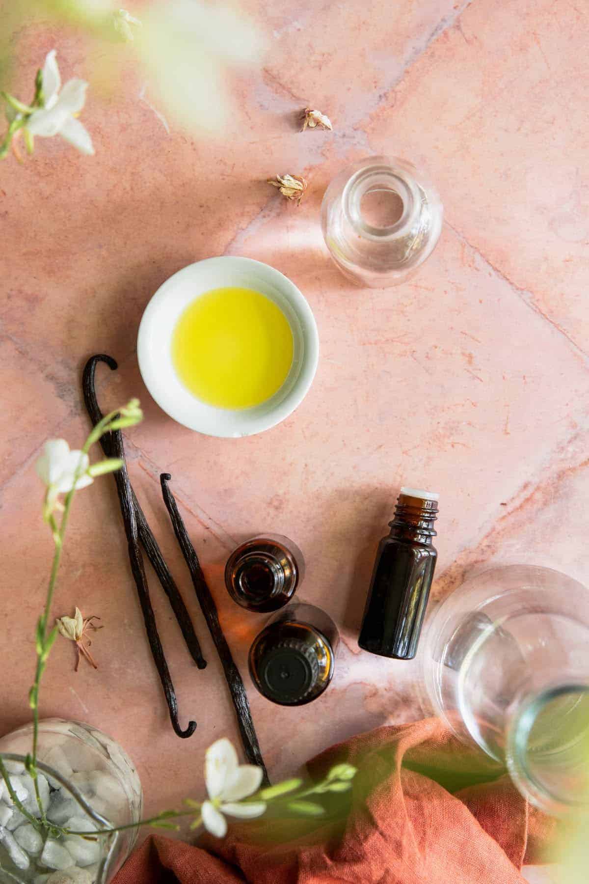 Ingredients for making homemade tropical perfume