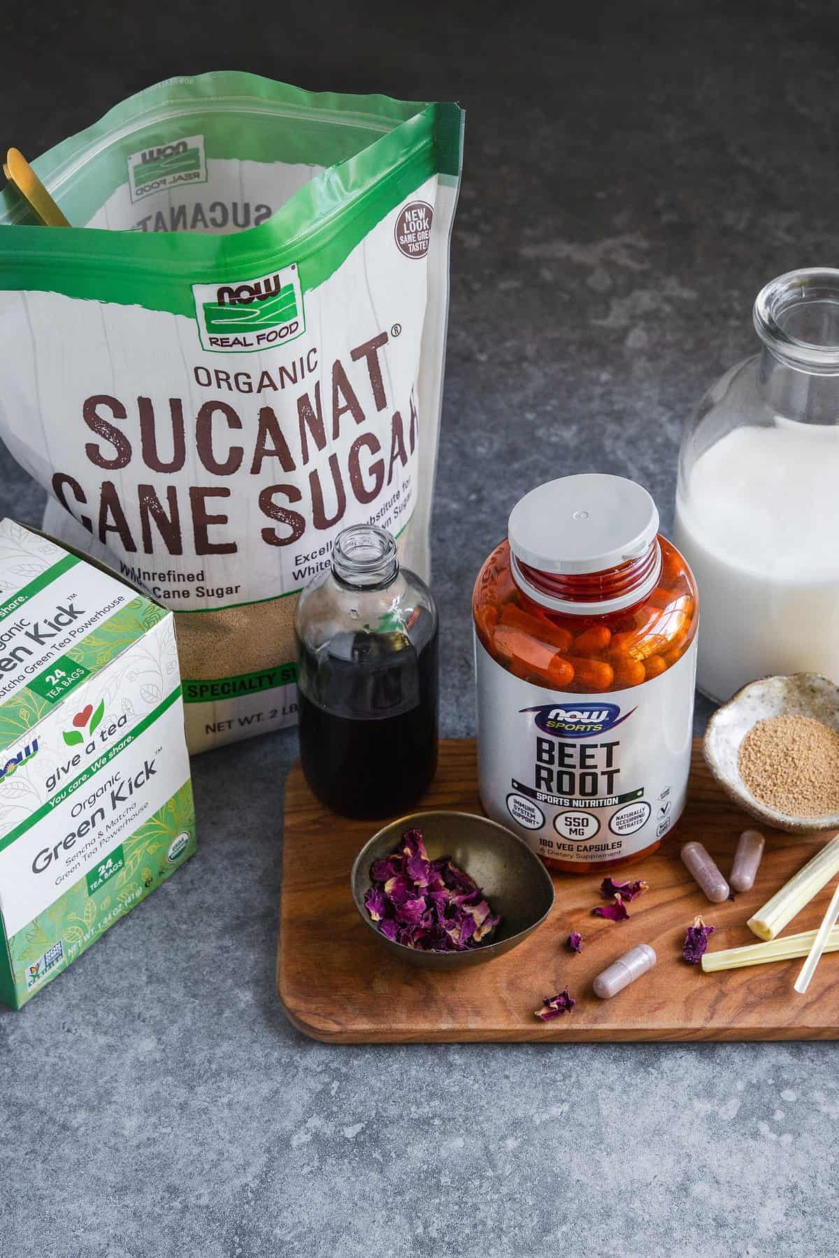 Ingredients for beet root latte with green tea and cane sugar